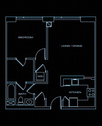 Floor plan for 1 bed, 1 bath, 702 sqft